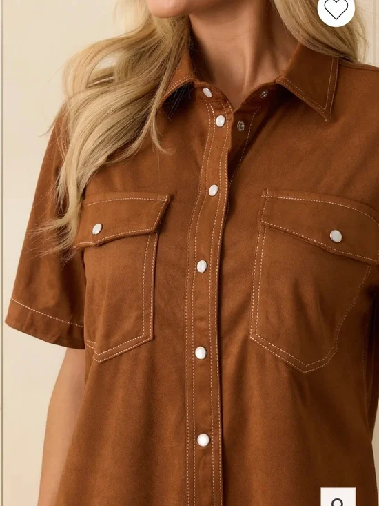 THML Brown Western faux Suede Dress medium cowgirl pearl snap - Picture 4 of 12